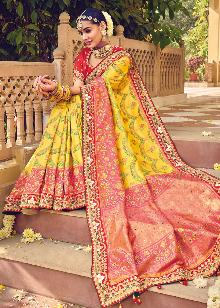 Buy Now Patna Patola Pure Silk Yellow & Red Wedding Traditional Saree Online in USA, UK, Canada & Worldwide at Empress Clothing. 
