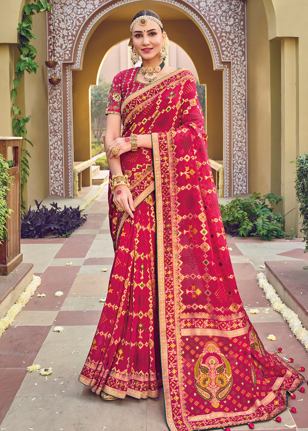 Buy Now Pure Georgette Viscose Rani Pink Wedding Traditional Saree Online in USA, UK, Canada & Worldwide at Empress Clothing.