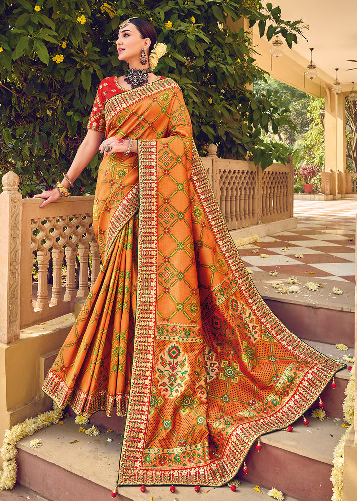 Buy Now Bandhej Patola Pure Silk Orange Wedding Traditional Saree Online in USA, UK, Canada & Worldwide at Empress Clothing.