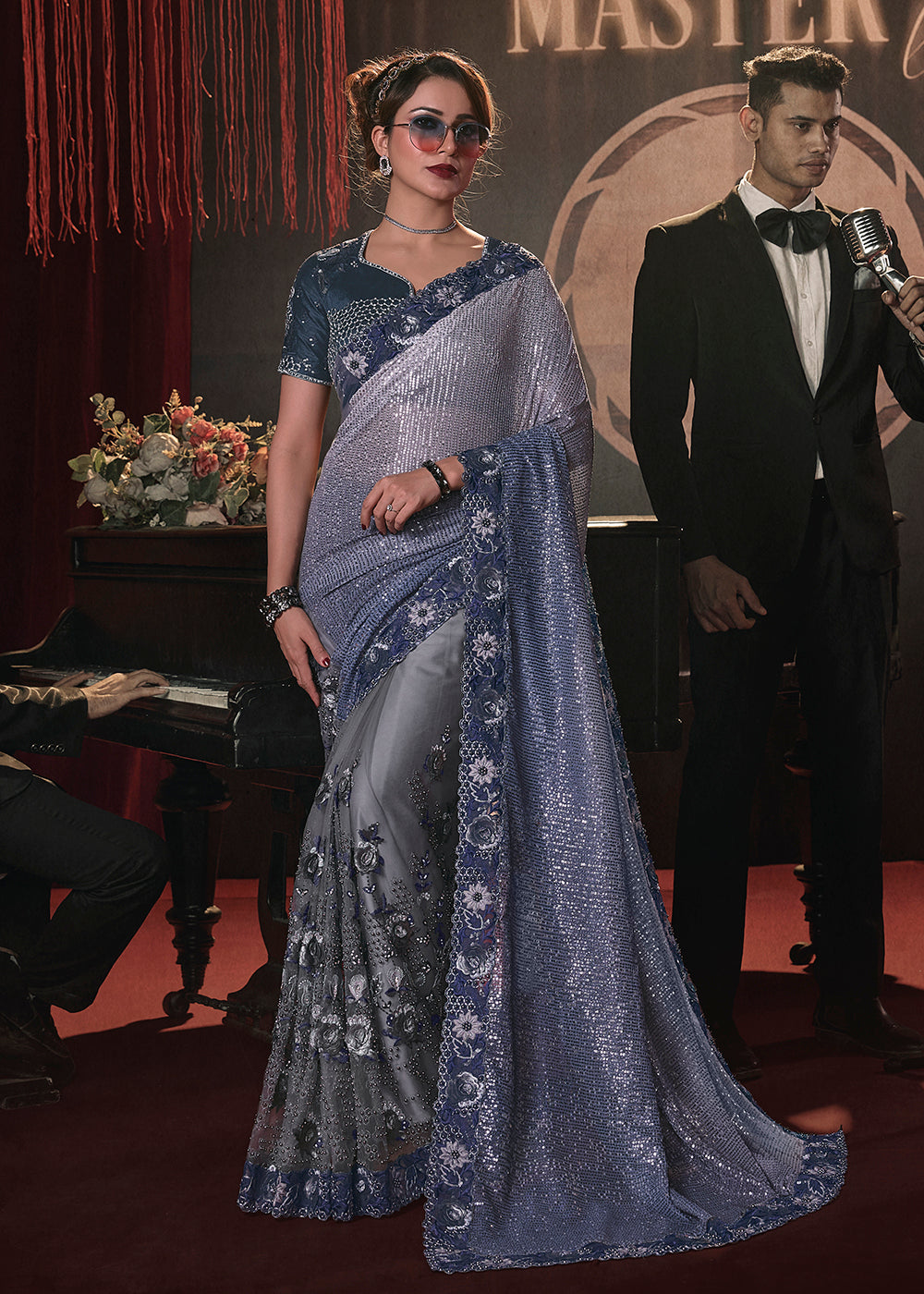 Shop Now Wedding Party Shaded Blue Net Embroidered Designer Saree from Empress Clothing in USA, UK, Canada & Worldwide. 