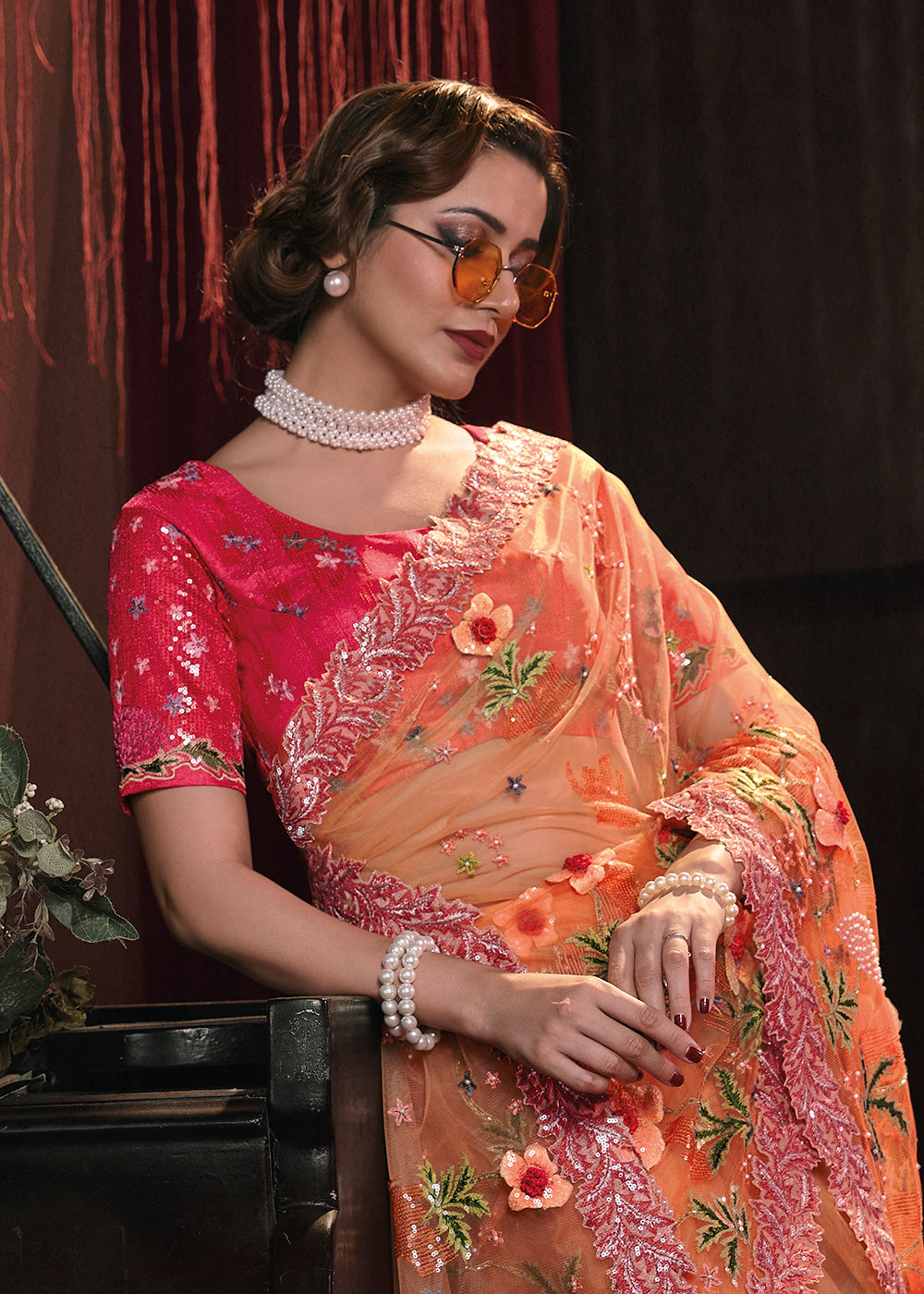 Shop Now Wedding Party Shaded Orange Net Embroidered Designer Saree from Empress Clothing in USA, UK, Canada & Worldwide.