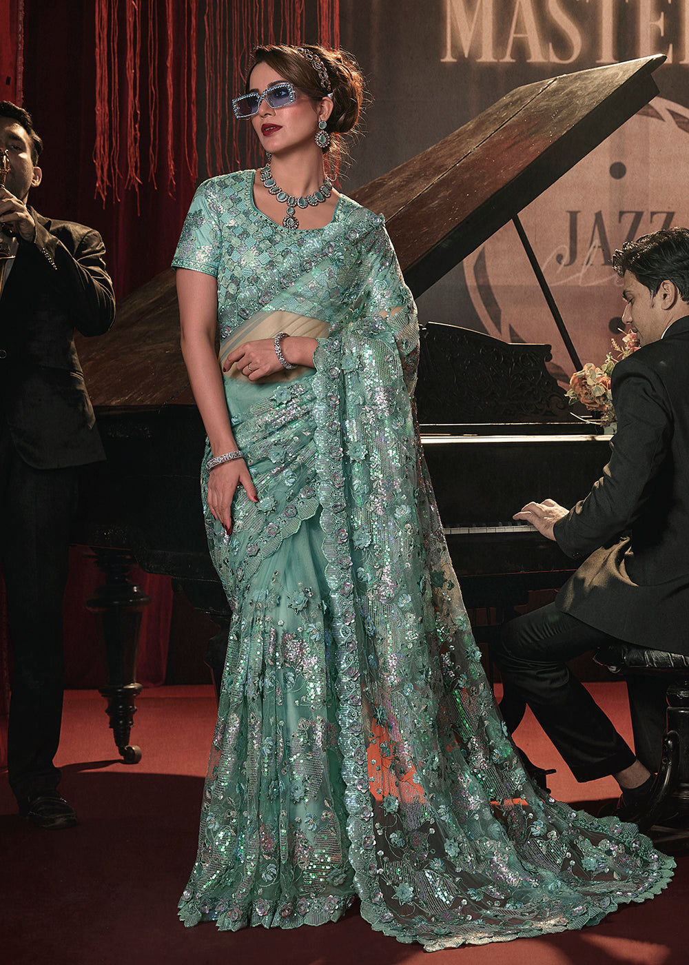 Shop Now Wedding Party Sea Green Net Embroidered Designer Saree from Empress Clothing in USA, UK, Canada & Worldwide. 
