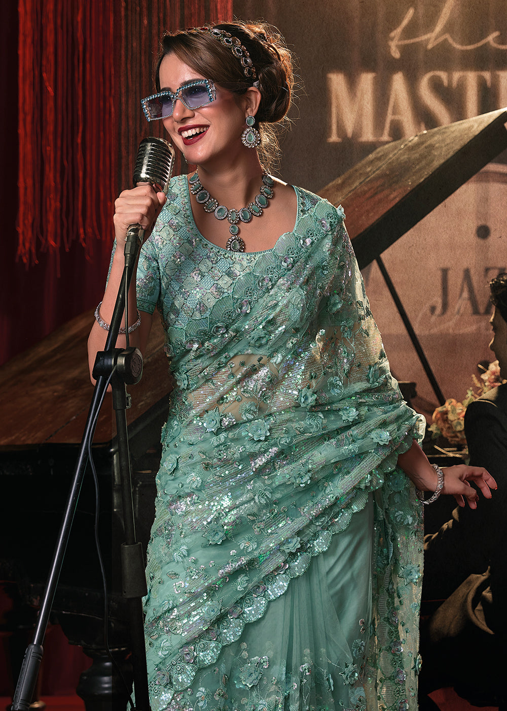 Shop Now Wedding Party Sea Green Net Embroidered Designer Saree from Empress Clothing in USA, UK, Canada & Worldwide. 