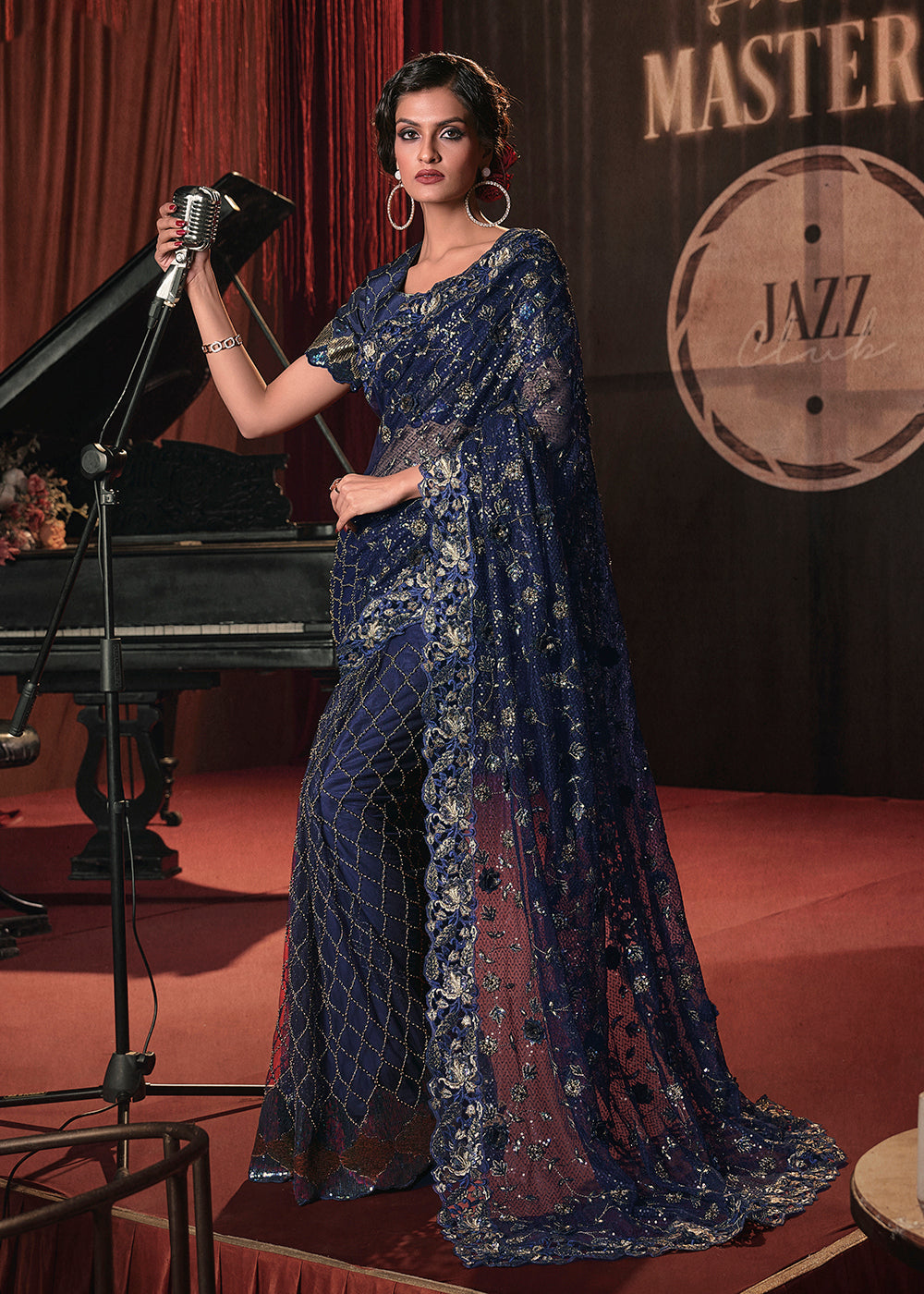 Shop Now Wedding Party Blue Net Embroidered Designer Saree from Empress Clothing in USA, UK, Canada & Worldwide. 