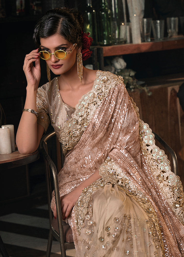 Shop Now Wedding Party Chiku Brown Net Embroidered Designer Saree from Empress Clothing in USA, UK, Canada & Worldwide.