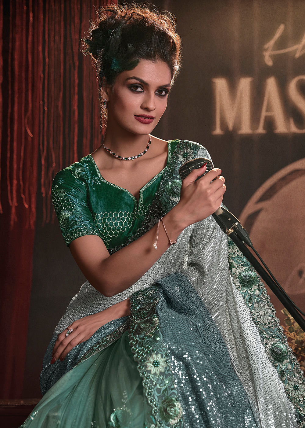 Shop Now Wedding Party Shaded Green Net Embroidered Designer Saree from Empress Clothing in USA, UK, Canada & Worldwide. 