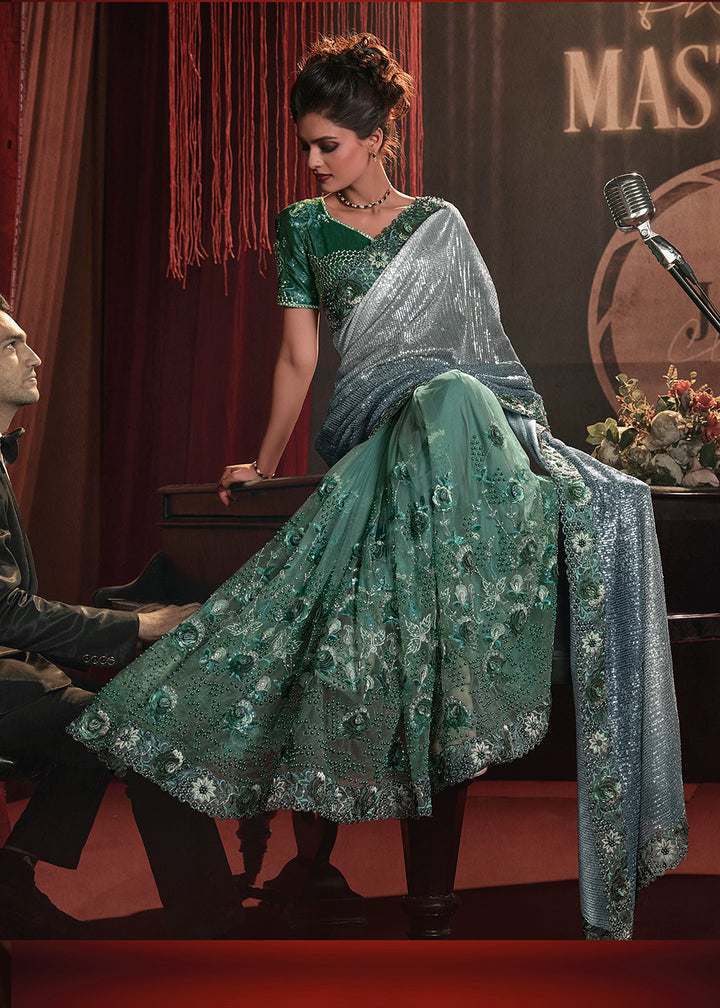 Shop Now Wedding Party Shaded Green Net Embroidered Designer Saree from Empress Clothing in USA, UK, Canada & Worldwide. 