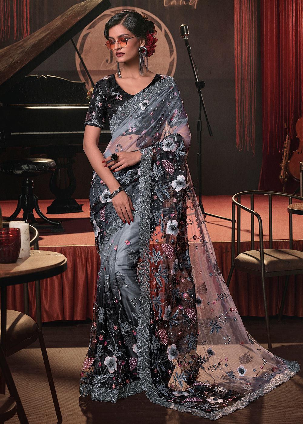 Shop Now Wedding Party Grey to Black Shaded Net Embroidered Designer Saree from Empress Clothing in USA, UK, Canada & Worldwide.