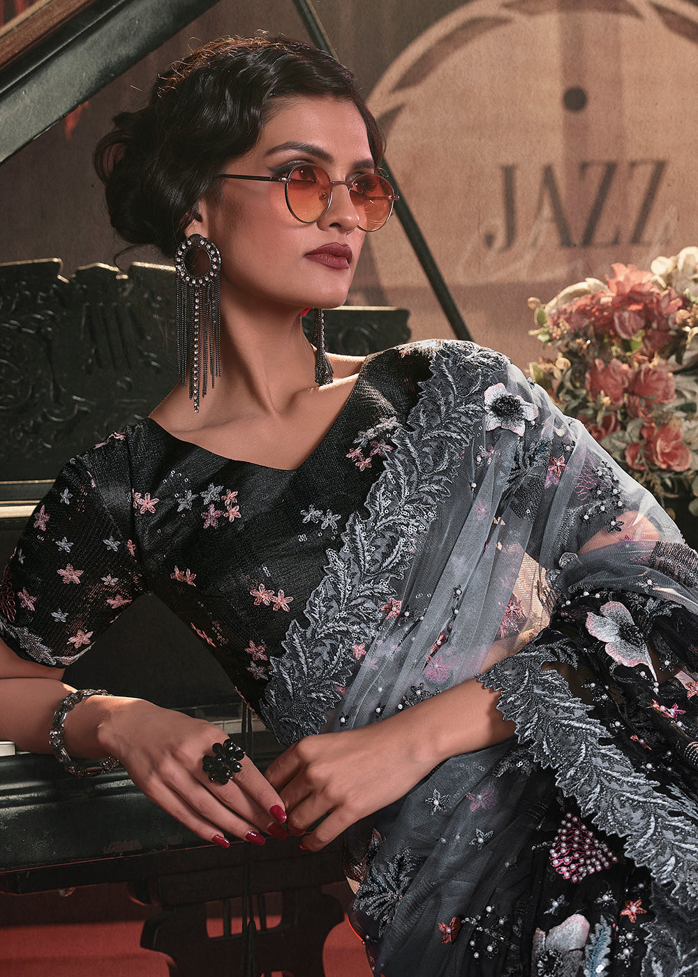 Buy Designer Saree - Wedding Party Grey to Black Net Embroidered Saree –  Empress Clothing