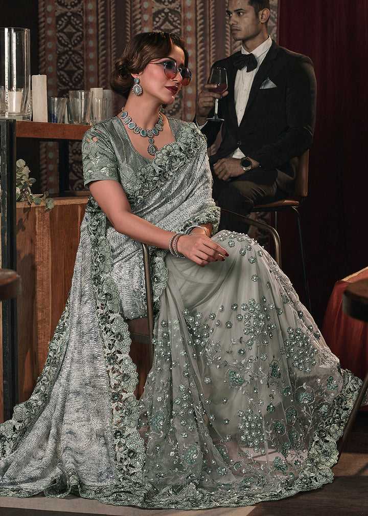 Shop Now Wedding Party Pista Green Net Embroidered Designer Saree from Empress Clothing in USA, UK, Canada & Worldwide. 