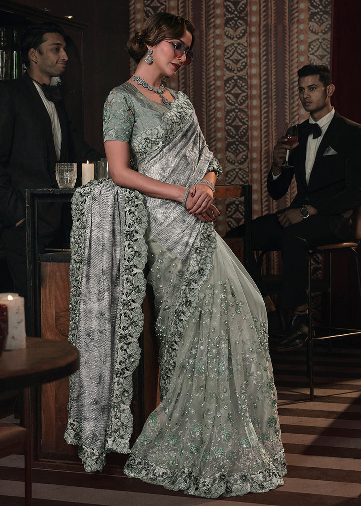 Shop Now Wedding Party Pista Green Net Embroidered Designer Saree from Empress Clothing in USA, UK, Canada & Worldwide. 