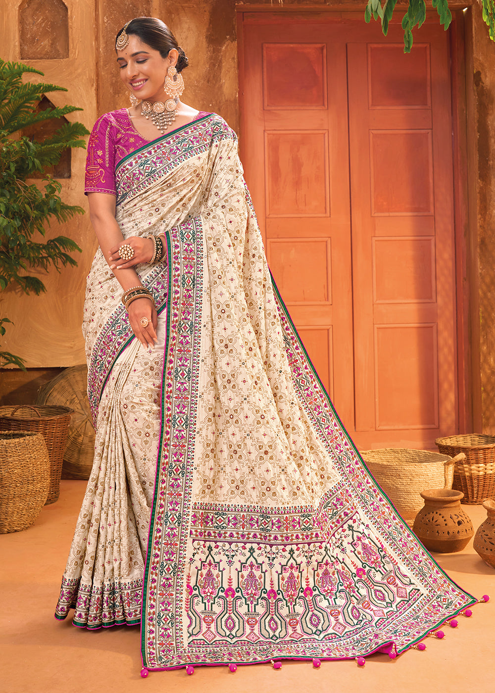 Buy Now Cream Hand Work Embroidered Traditional Banarasi Silk Saree Online in USA, UK, Canada & Worldwide at Empress Clothing.