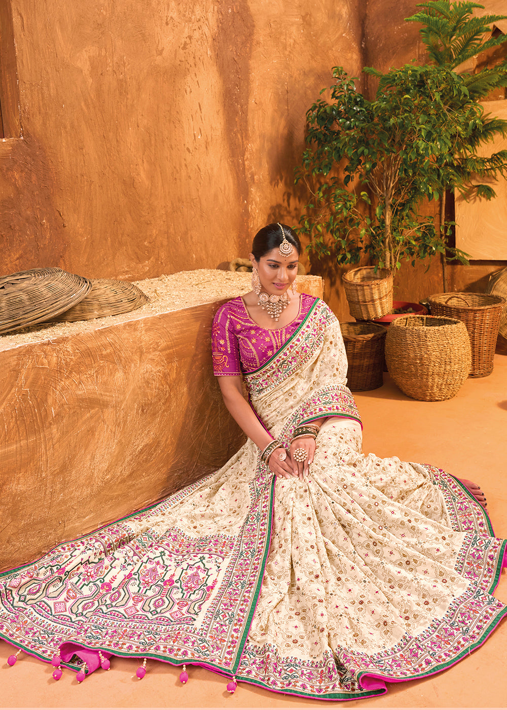 Buy Now Cream Hand Work Embroidered Traditional Banarasi Silk Saree Online in USA, UK, Canada & Worldwide at Empress Clothing.
