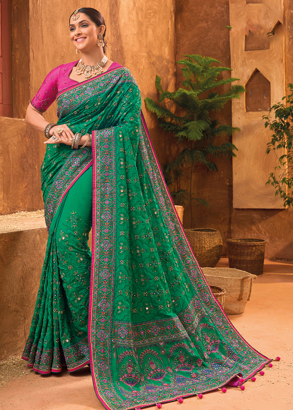 Buy Now Green Hand Work Embroidered Traditional Banarasi Silk Saree Online in USA, UK, Canada & Worldwide at Empress Clothing.