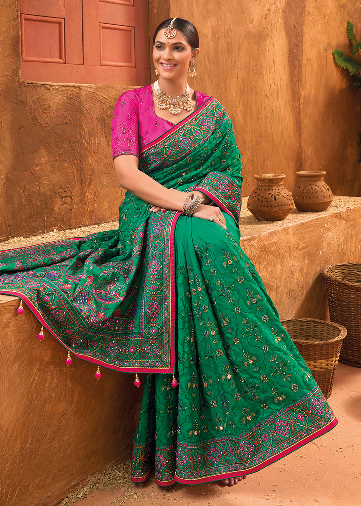 Buy Now Green Hand Work Embroidered Traditional Banarasi Silk Saree Online in USA, UK, Canada & Worldwide at Empress Clothing.