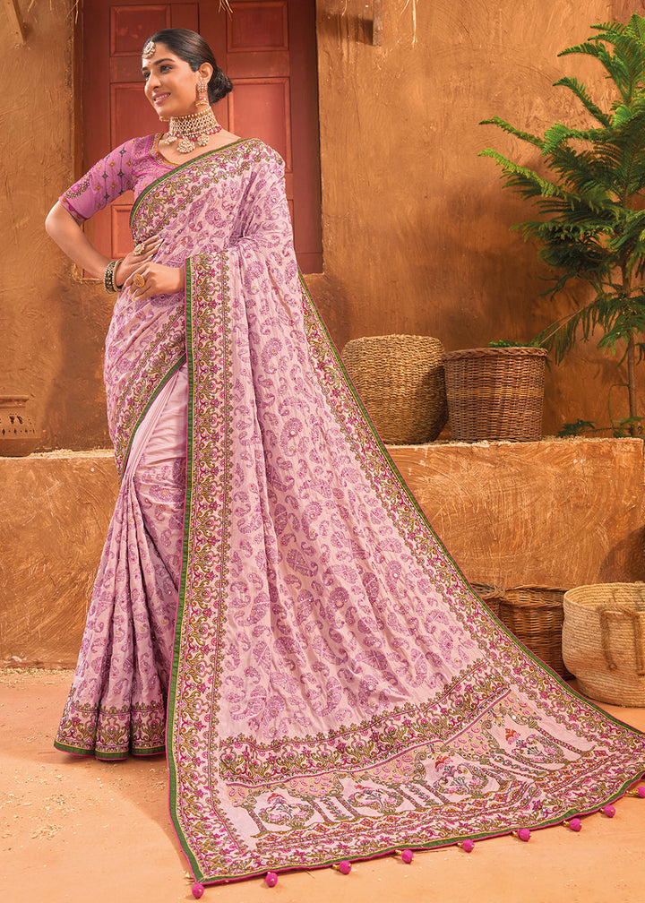 Buy Now Pink Hand Work Embroidered Traditional Banarasi Silk Saree Online in USA, UK, Canada & Worldwide at Empress Clothing.