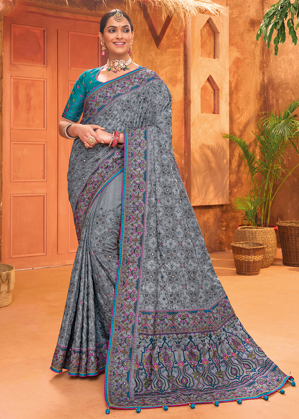 Buy Now Grey Hand Work Embroidered Traditional Banarasi Silk Saree Online in USA, UK, Canada & Worldwide at Empress Clothing.