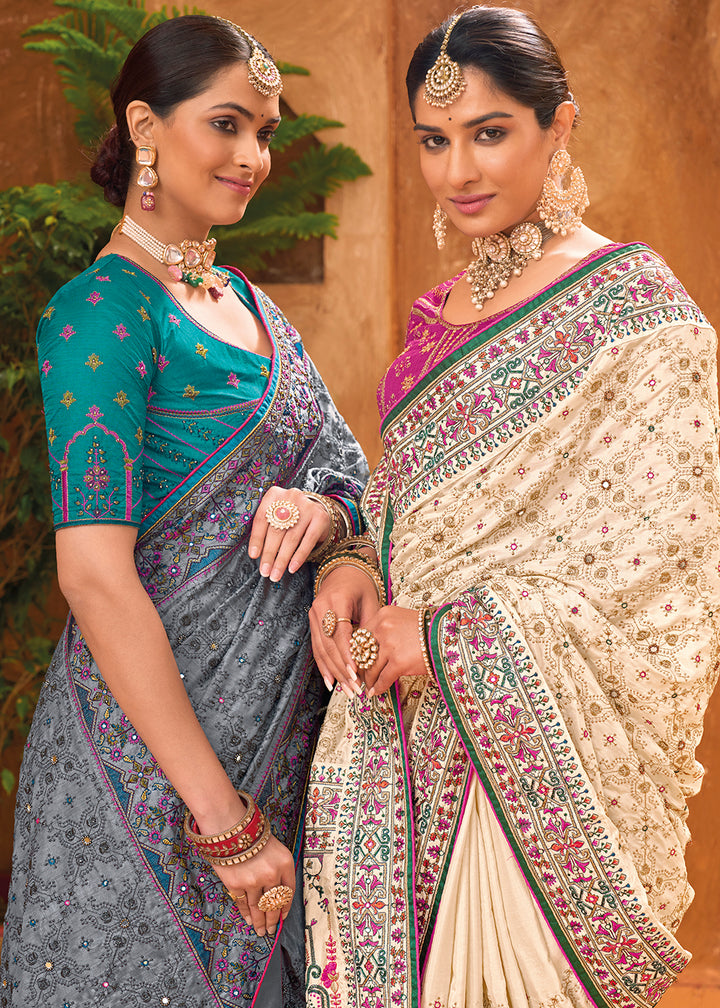 Buy Now Grey Hand Work Embroidered Traditional Banarasi Silk Saree Online in USA, UK, Canada & Worldwide at Empress Clothing.