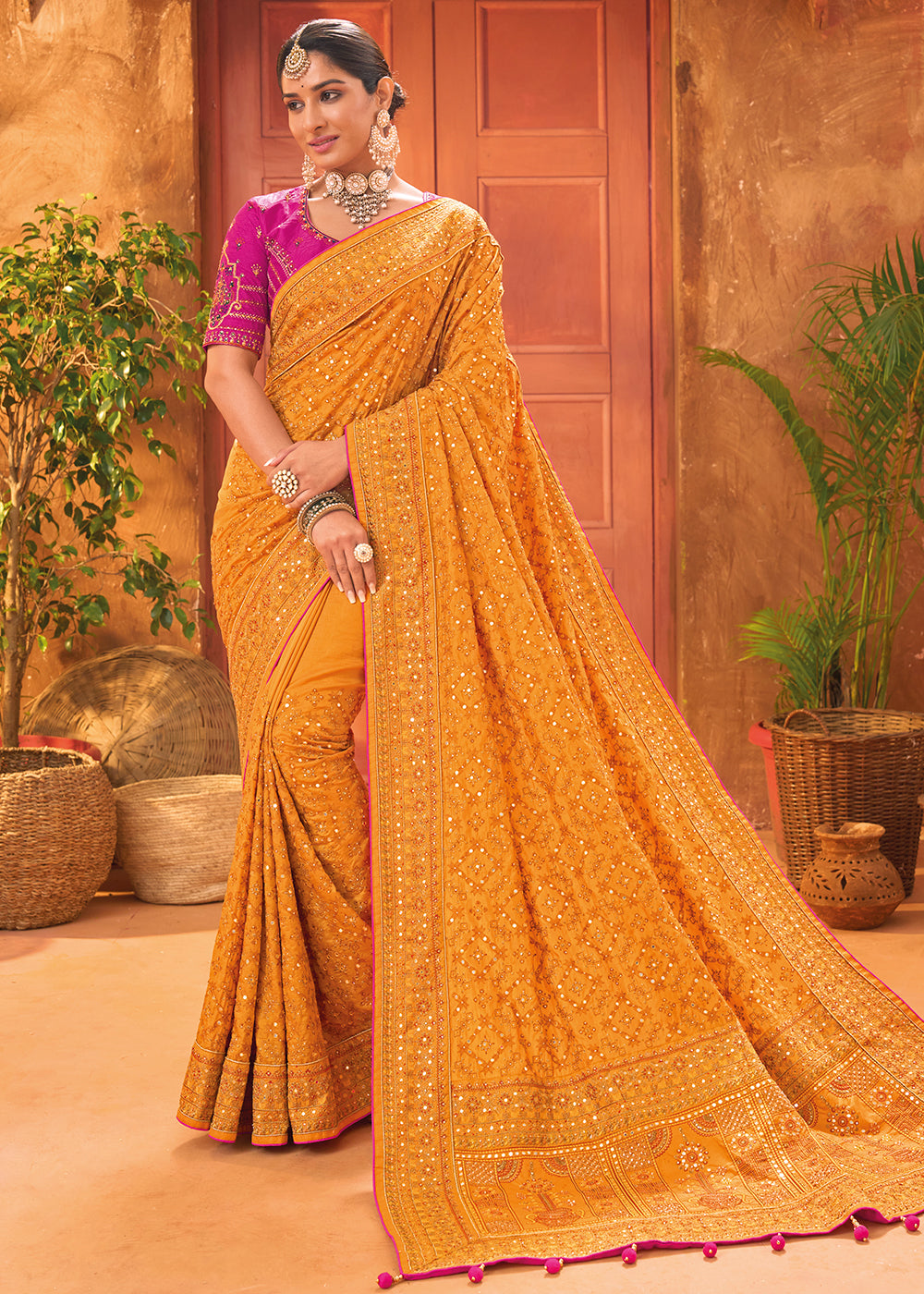 Spectacular Yellow Designer Chanderi Silk Party Wear Saree -- Miraamall -  USA UK Canada