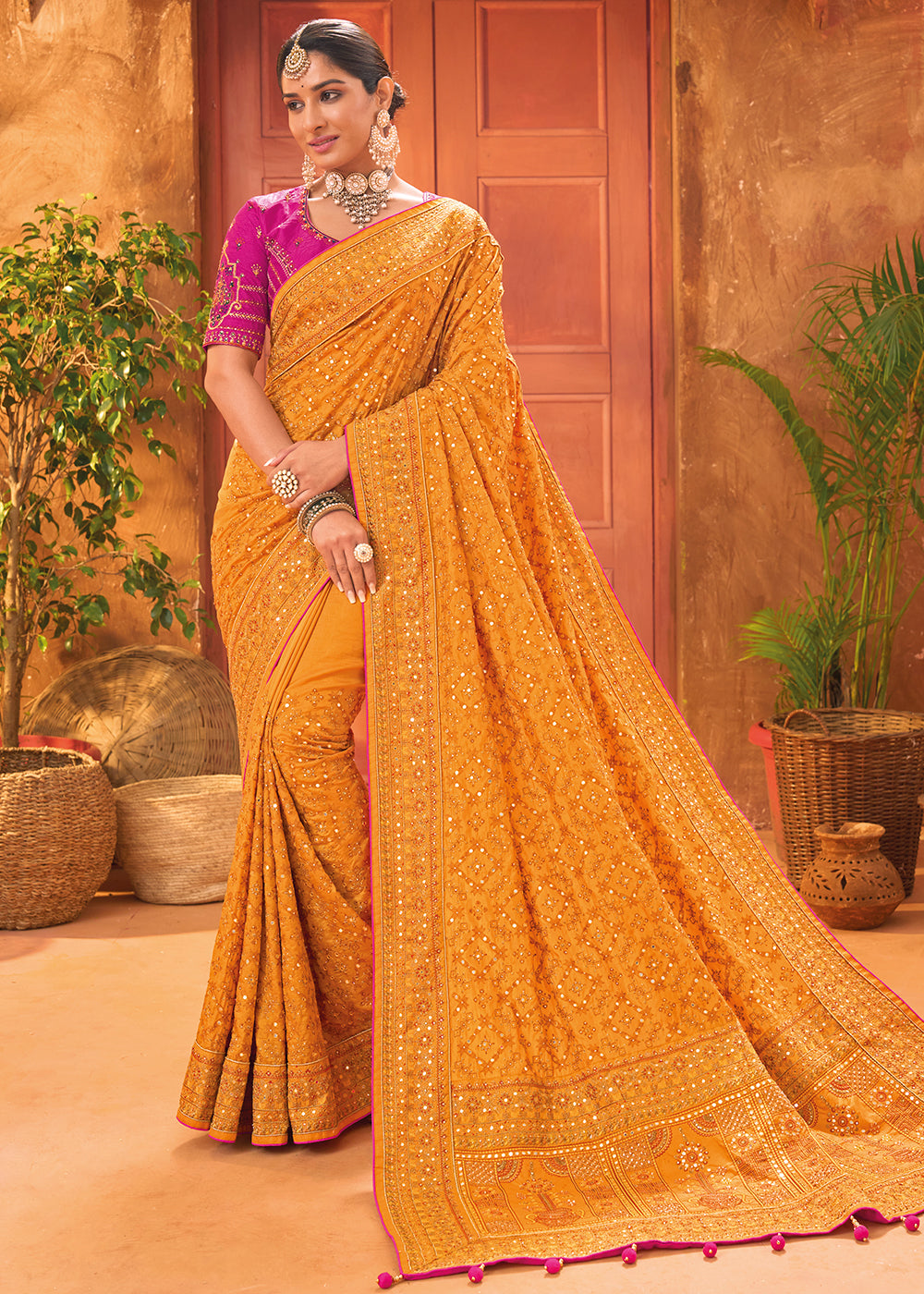 Buy Now Yellow Hand Work Embroidered Traditional Banarasi Silk Saree Online in USA, UK, Canada & Worldwide at Empress Clothing.
