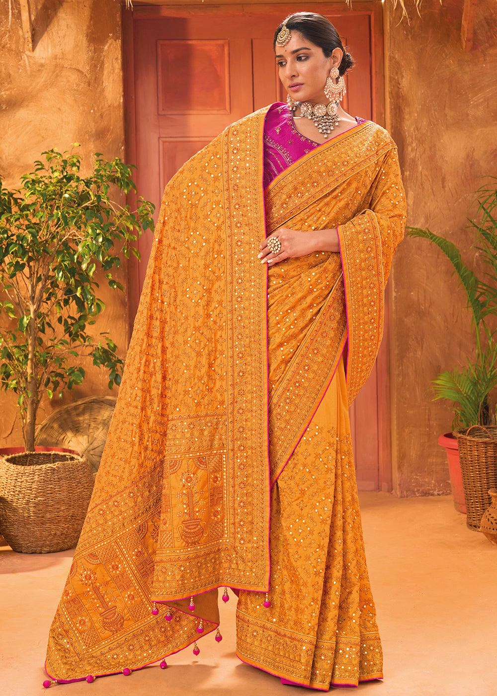 Buy Now Yellow Hand Work Embroidered Traditional Banarasi Silk Saree Online in USA, UK, Canada & Worldwide at Empress Clothing.