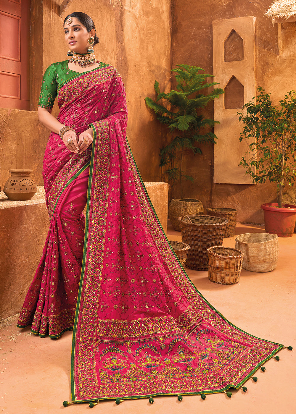 Buy Pink and Blue Silk Floral Design Saree Online | trendwati