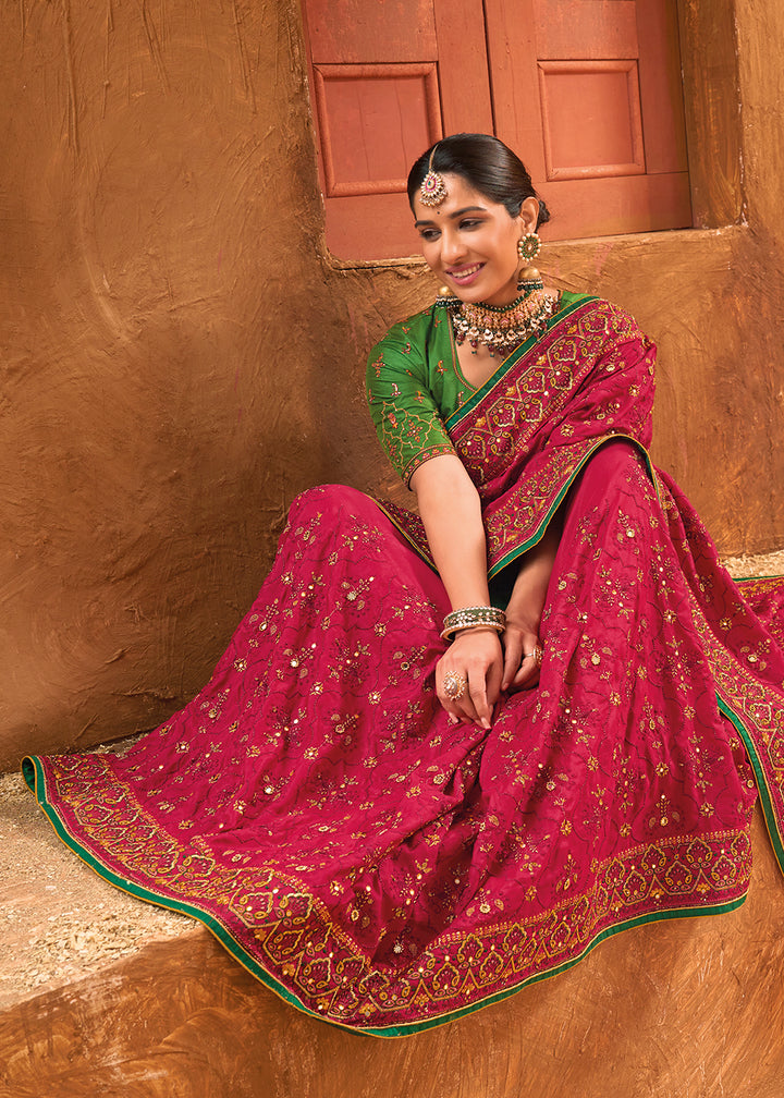 Buy Now Rani Hand Work Embroidered Traditional Banarasi Silk Saree Online in USA, UK, Canada & Worldwide at Empress Clothing.