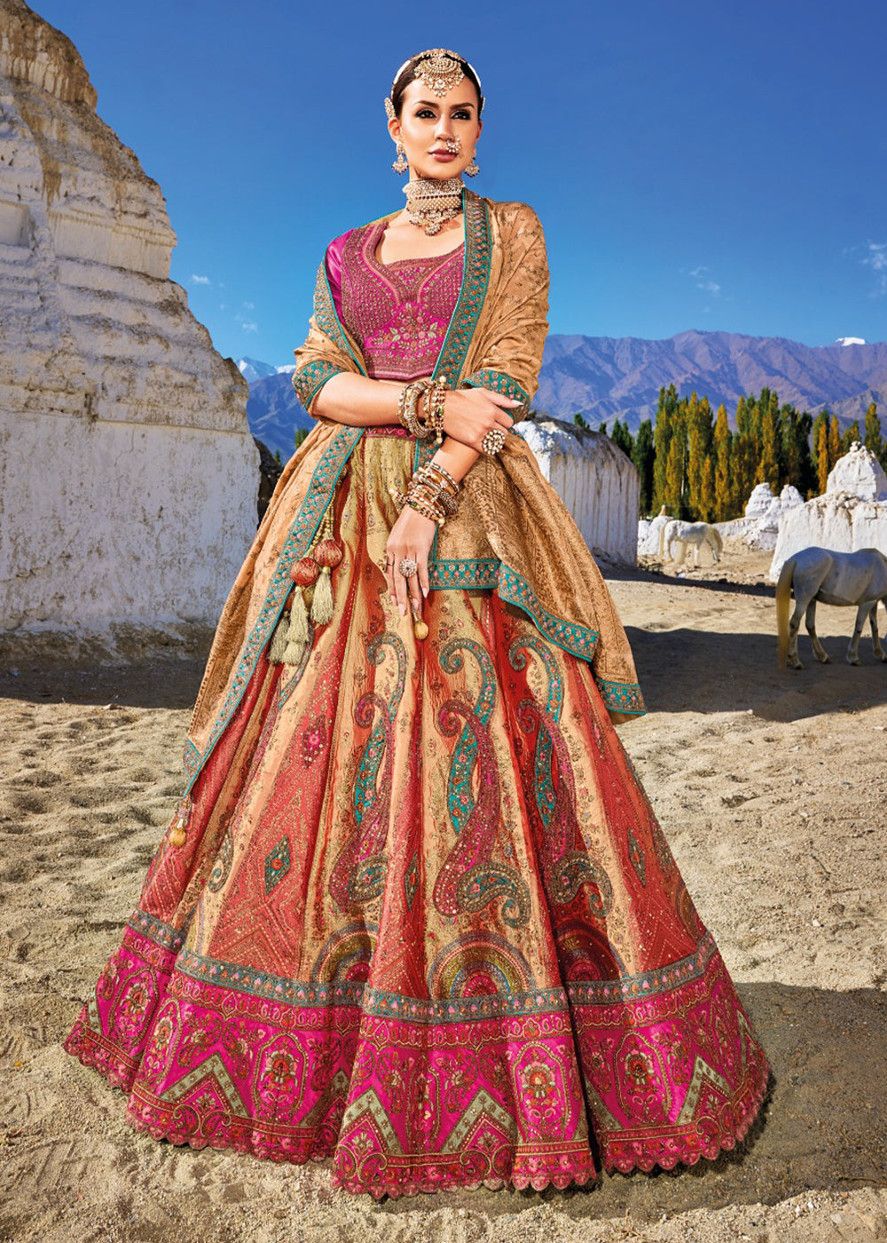 Buy Now Traditional Multicolor Banarasi Silk Embroidered Bridal Lehenga Choli Online in USA, UK, Canada & Worldwide at Empress Clothing. 