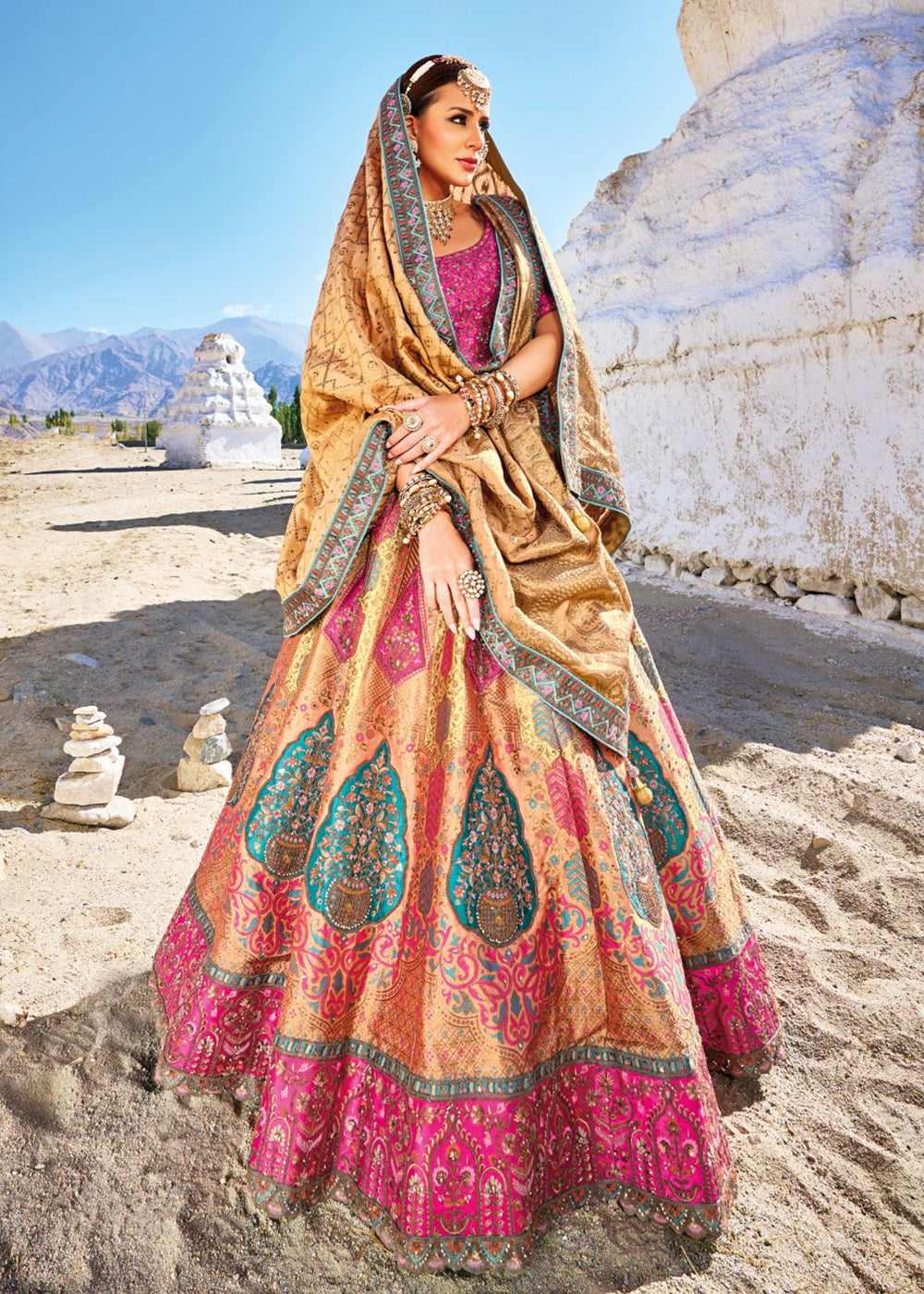 Traditional Pink & Yellow Banarasi Silk Embroidered Bridal Lehenga Choli