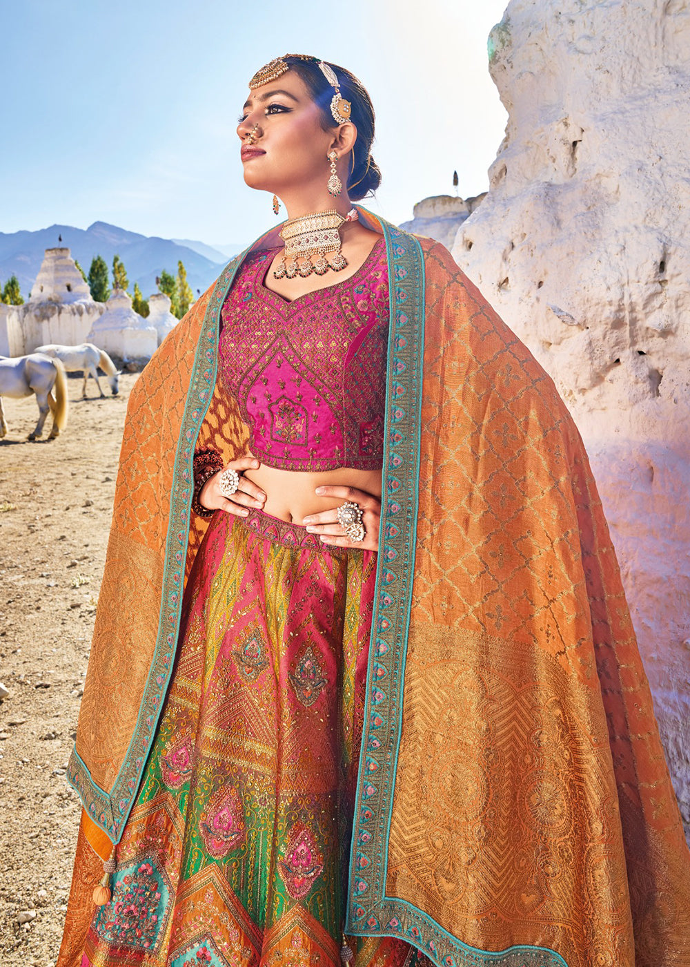 Buy Now Traditional Pink & Orange Banarasi Silk Embroidered Bridal Lehenga Choli Online in USA, UK, Canada & Worldwide at Empress Clothing.
