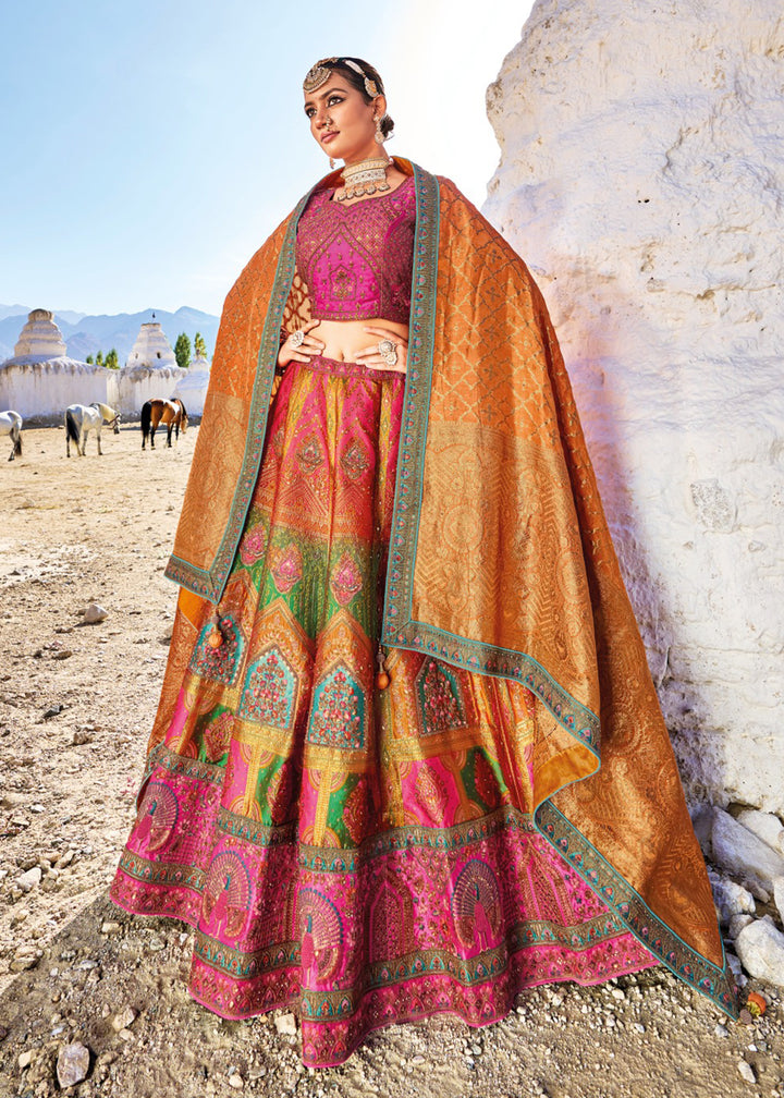 Buy Now Traditional Pink & Orange Banarasi Silk Embroidered Bridal Lehenga Choli Online in USA, UK, Canada & Worldwide at Empress Clothing.