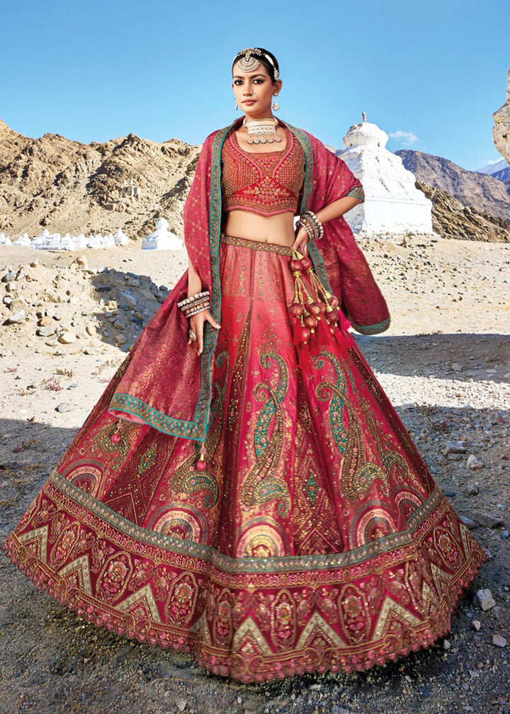 Buy Now Traditional Deep Pink Banarasi Silk Embroidered Bridal Lehenga Choli Online in USA, UK, Canada & Worldwide at Empress Clothing. 