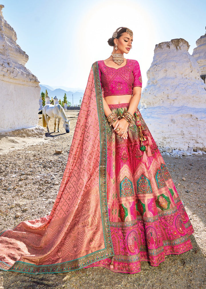 Buy Now Traditional Rani Pink Banarasi Silk Embroidered Bridal Lehenga Choli Online in USA, UK, Canada & Worldwide at Empress Clothing. 