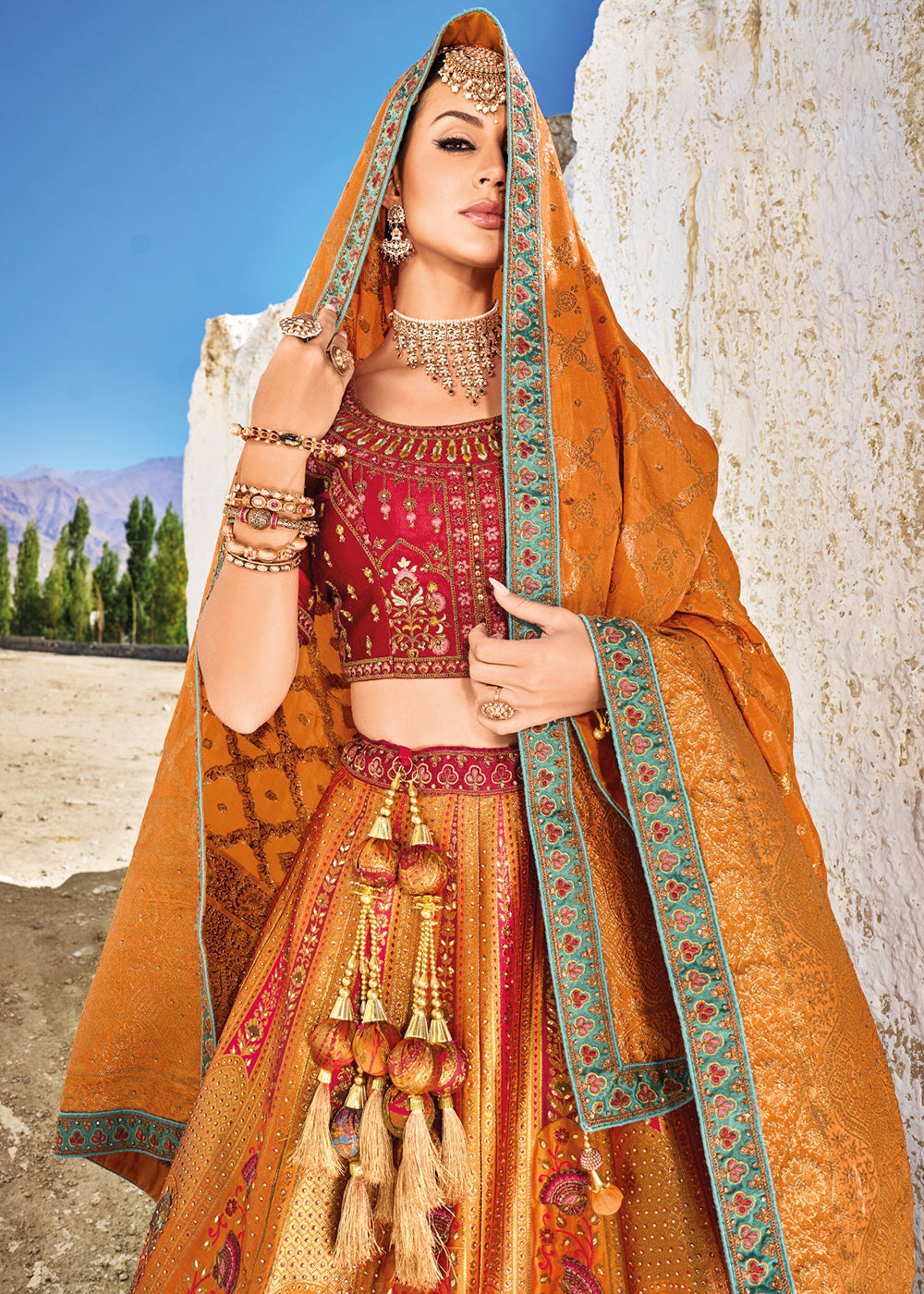 Buy Now Traditional Orange Banarasi Silk Embroidered Bridal Lehenga Choli Online in USA, UK, Canada & Worldwide at Empress Clothing. 