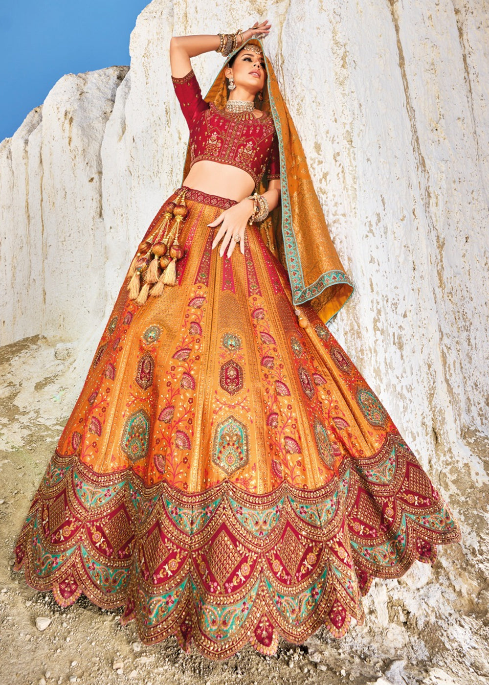 Buy Now Traditional Orange Banarasi Silk Embroidered Bridal Lehenga Choli Online in USA, UK, Canada & Worldwide at Empress Clothing. 
