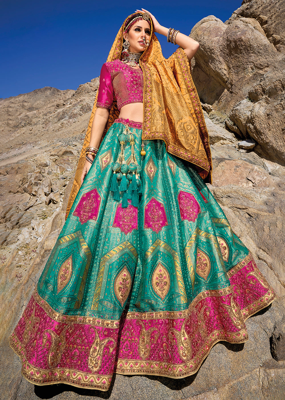 Buy Now Turquoise Pink Designer Style Embroidered Traditional Lehenga Choli Online in USA, UK, Canada & Worldwide at Empress Clothing.