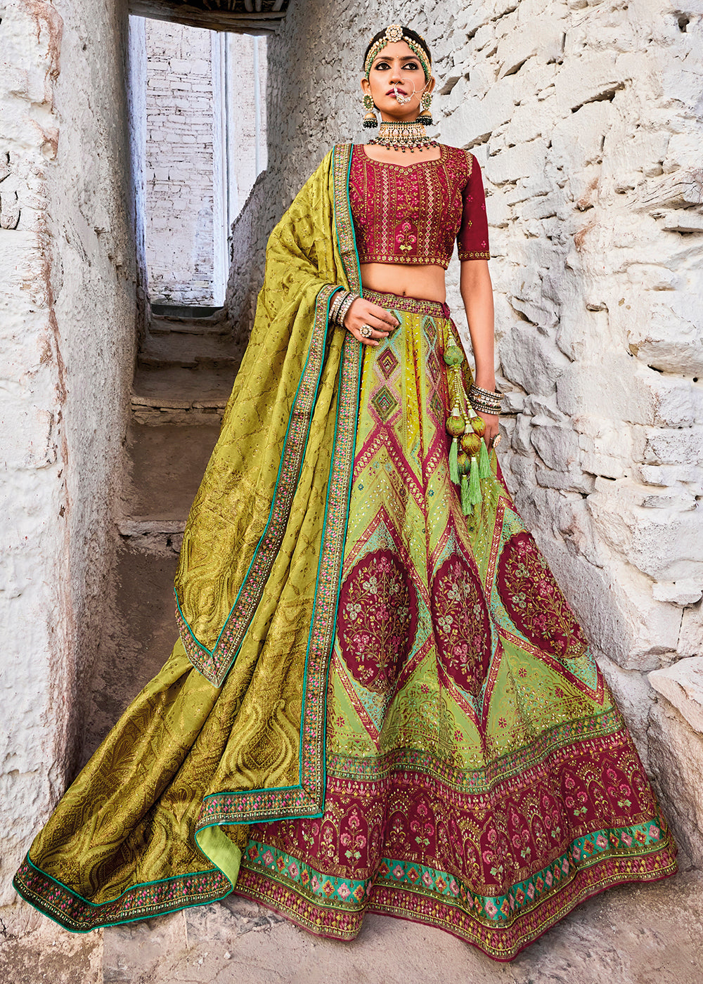 Buy AJ Dezines Blended Banarasi Pattern Lehenga Choli for Girls Green (Set  of 2) online