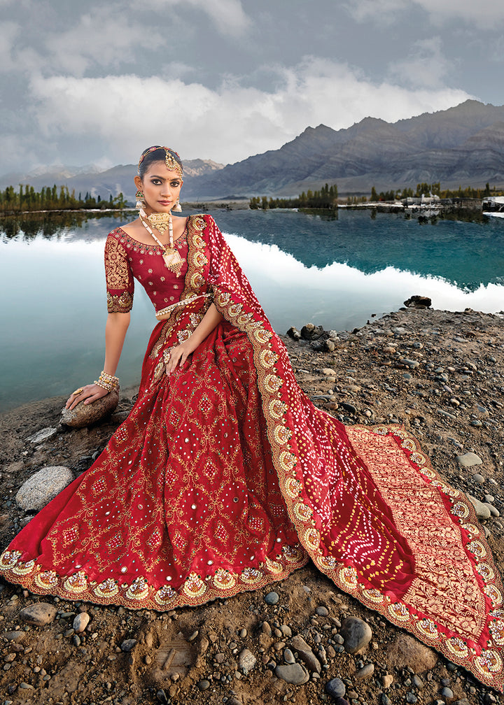Shop Now Traditional Maroon Embroidered Kachhi Bandhej Sateen Saree Saree from Empress Clothing in USA, UK, Canada & Worldwide.