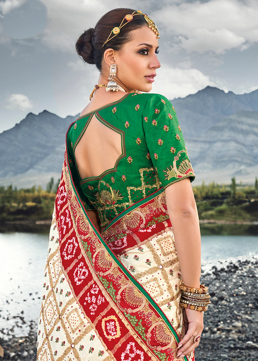 Shop Now Traditional Cream Embroidered Kachhi Bandhej Sateen Saree Saree from Empress Clothing in USA, UK, Canada & Worldwide. 