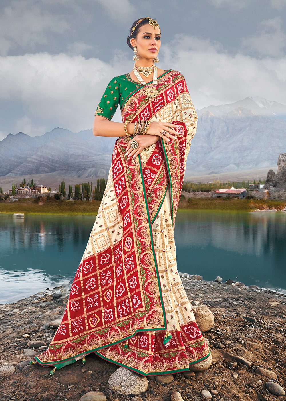 Shop Now Traditional Cream Embroidered Kachhi Bandhej Sateen Saree Saree from Empress Clothing in USA, UK, Canada & Worldwide. 