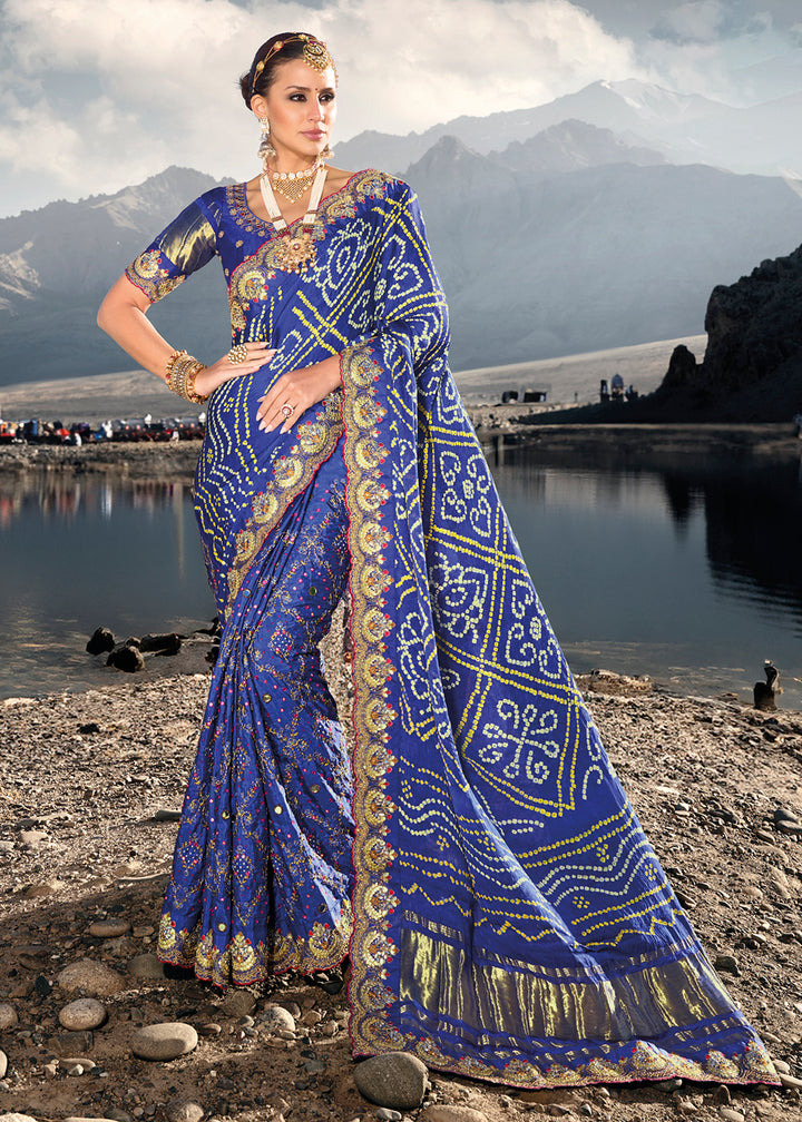 Shop Now Traditional Blue Embroidered Kachhi Bandhej Sateen Saree Saree from Empress Clothing in USA, UK, Canada & Worldwide. 