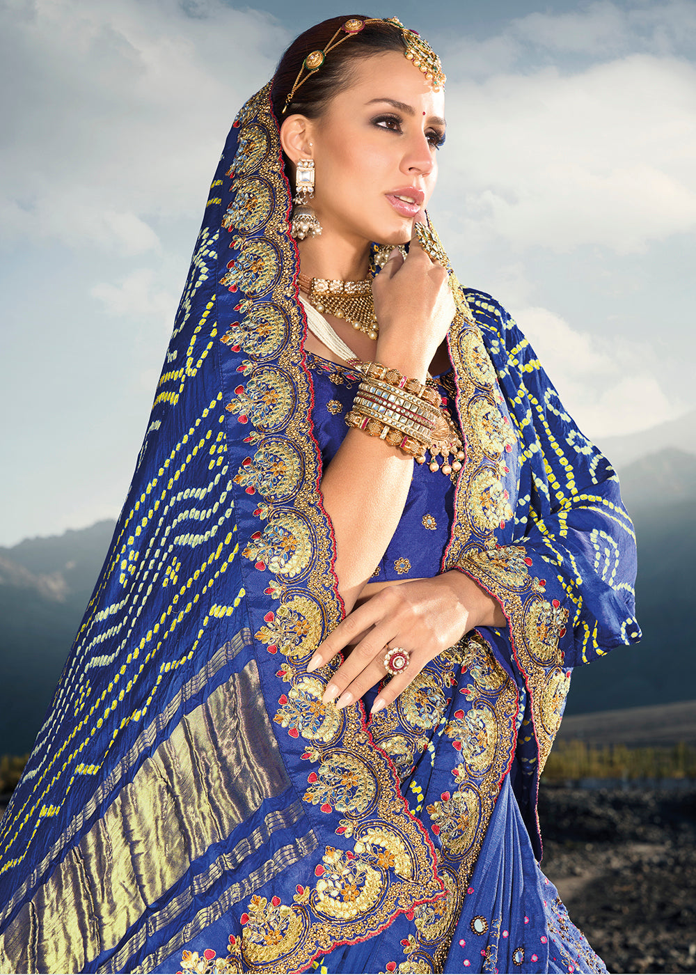 Shop Now Traditional Blue Embroidered Kachhi Bandhej Sateen Saree Saree from Empress Clothing in USA, UK, Canada & Worldwide. 