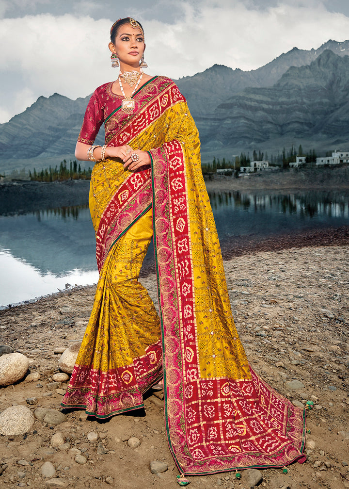 Shop Now Traditional Mustard Embroidered Kachhi Bandhej Sateen Saree Saree from Empress Clothing in USA, UK, Canada & Worldwide. 