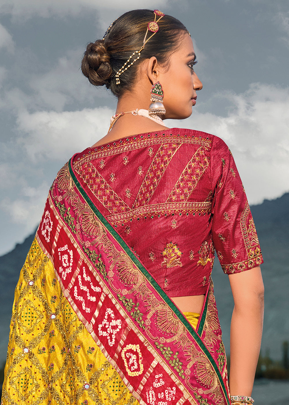 Shop Now Traditional Mustard Embroidered Kachhi Bandhej Sateen Saree Saree from Empress Clothing in USA, UK, Canada & Worldwide. 