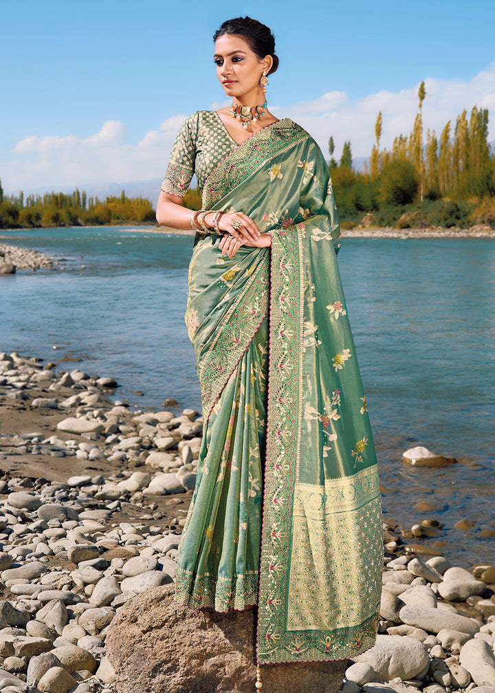 Buy Now Teal Mint Green Banarasi Pure Zari Fabric Designer Saree Online in USA, UK, Canada & Worldwide at Empress Clothing. 
