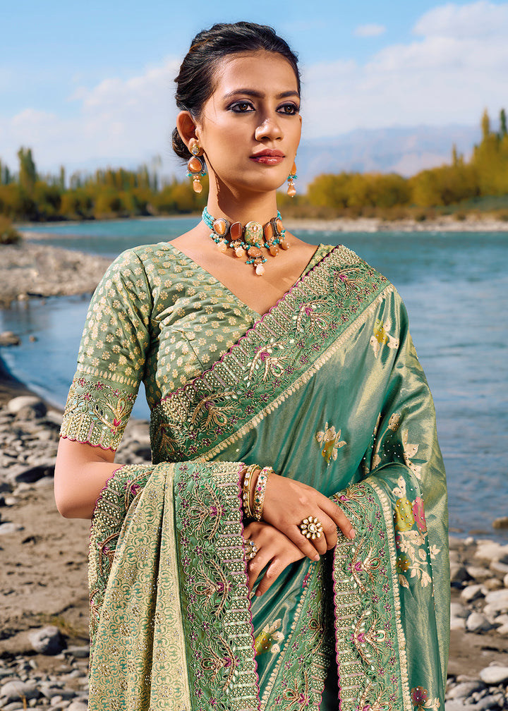 Buy Now Teal Mint Green Banarasi Pure Zari Fabric Designer Saree Online in USA, UK, Canada & Worldwide at Empress Clothing. 
