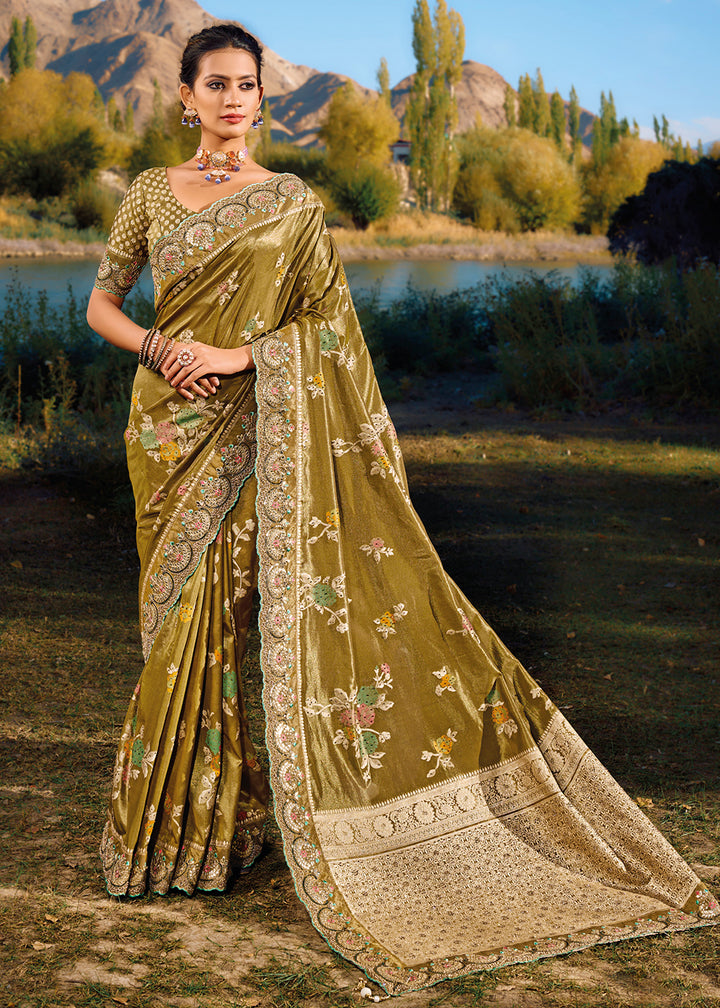 Buy Now Mehndi Green Banarasi Pure Zari Fabric Designer Saree Online in USA, UK, Canada & Worldwide at Empress Clothing.