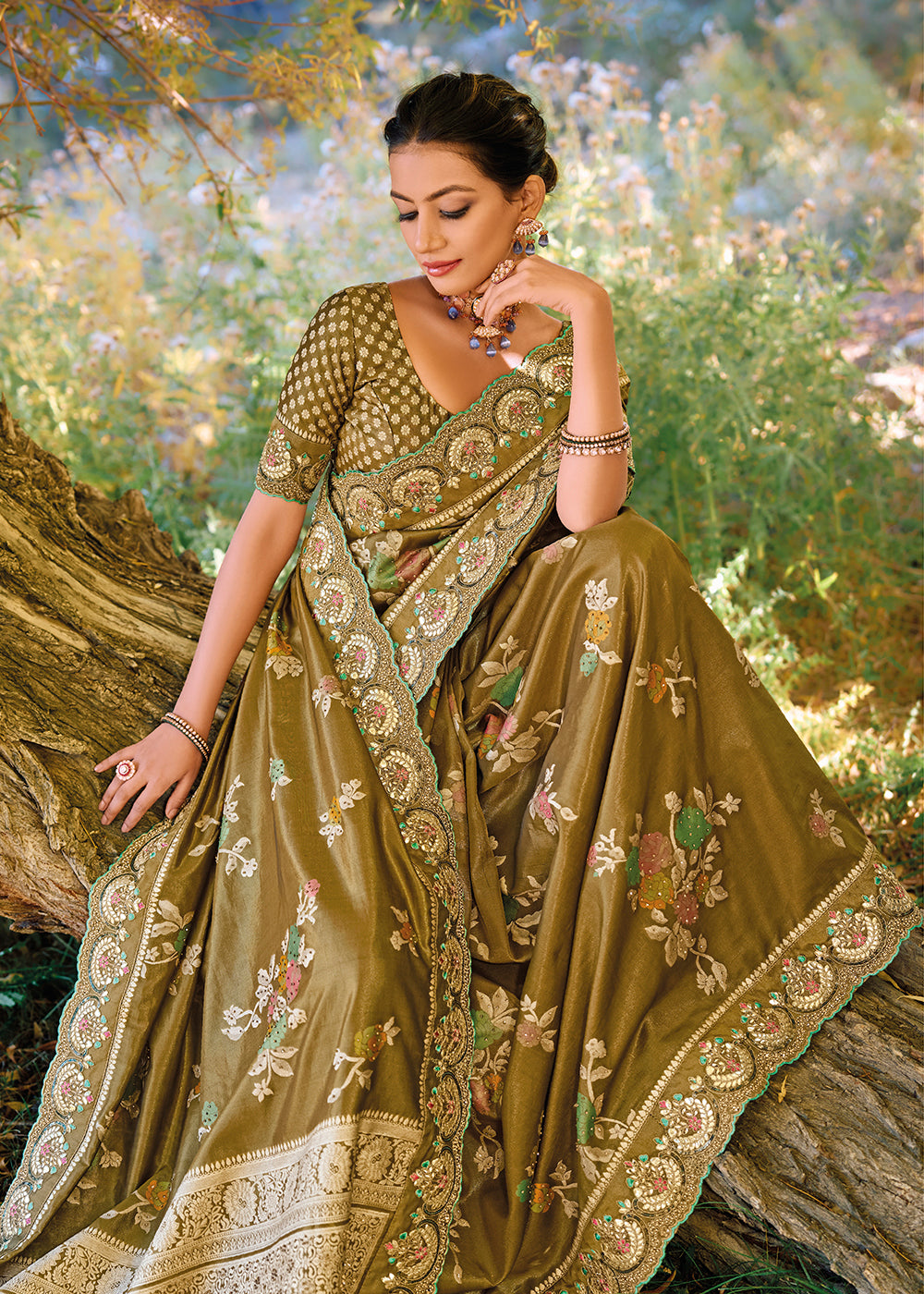Buy Now Mehndi Green Banarasi Pure Zari Fabric Designer Saree Online in USA, UK, Canada & Worldwide at Empress Clothing.