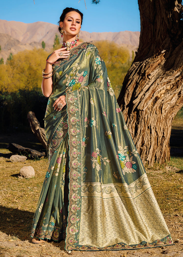 Buy Now Moss Green Banarasi Pure Zari Fabric Designer Saree Online in USA, UK, Canada & Worldwide at Empress Clothing.