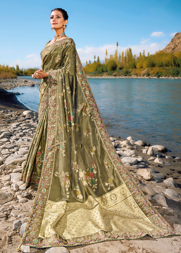 Buy Now Moss Grey Banarasi Pure Zari Fabric Designer Saree Online in USA, UK, Canada & Worldwide at Empress Clothing. 